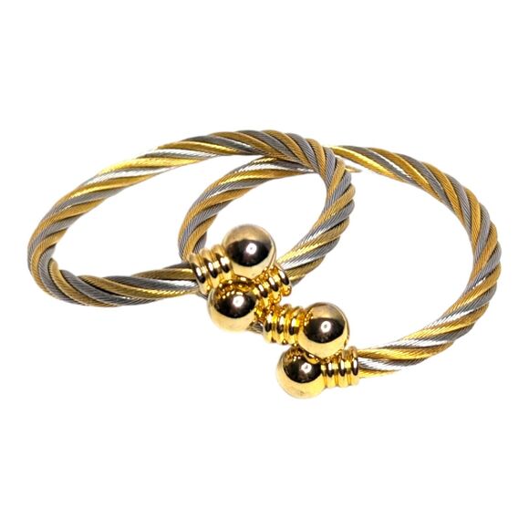 Silver Jewelry - Set of‎ 2 Two Tone Twisted Gold Silver Bracelets Celtic Stainless Steel Cuffs